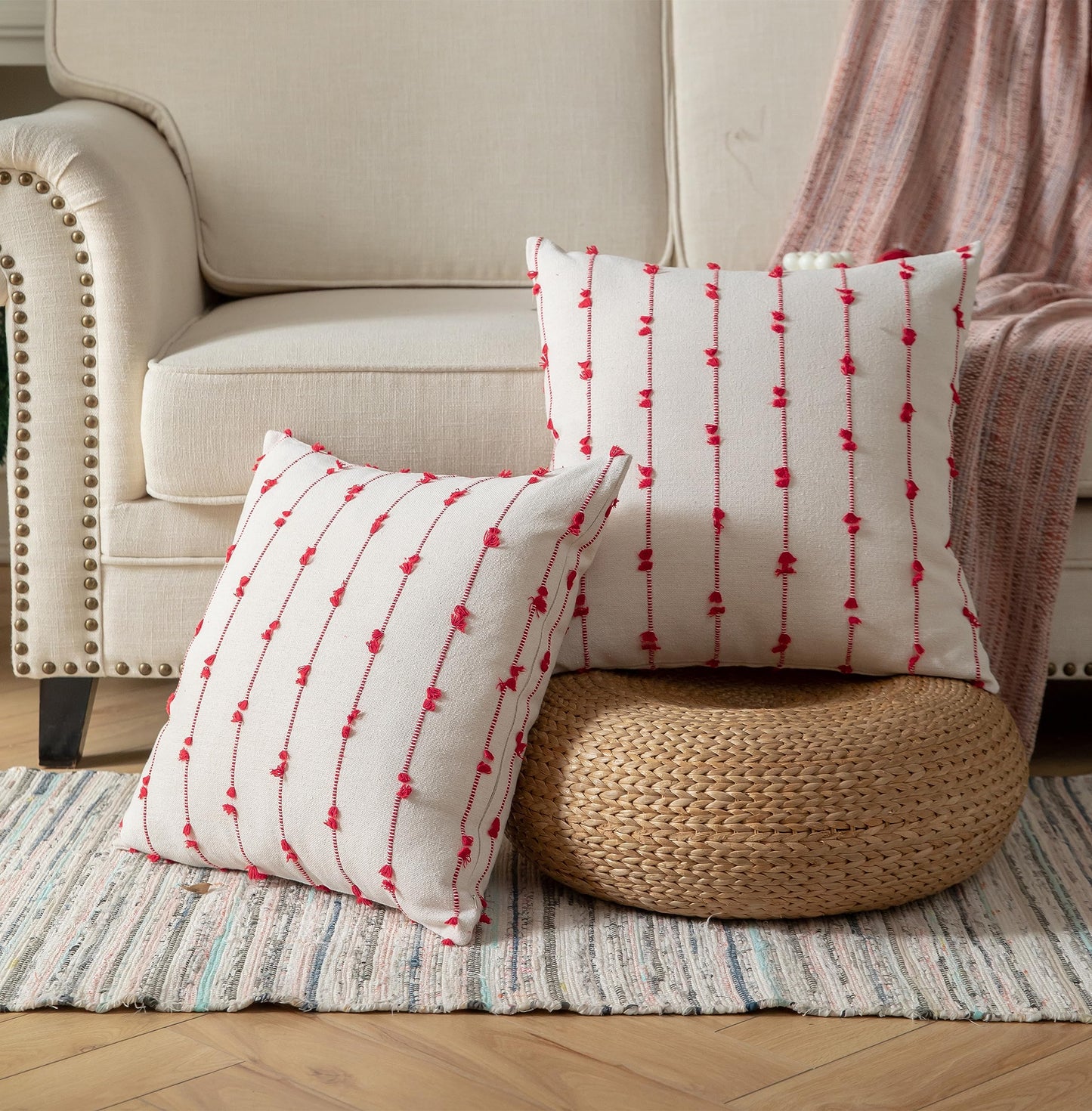 Caflife Boho Christmas Throw Pillow Covers 18x18 inches Beige and Red, Set of 2 Modern Farmhouse Holiday Decorative Pillow Covers for Couch Sofa Bed, Living Room