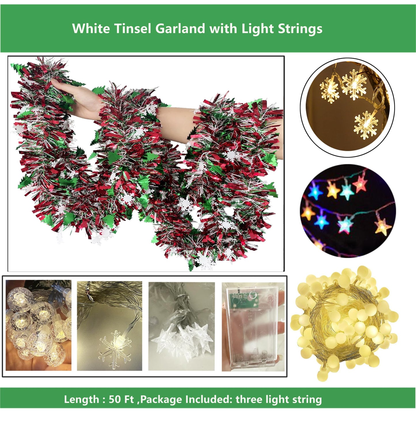 LKBBC Christmas Tinsel Garland with Light, 50 FT Metallic Tinsel Twist Garland Shiny Hanging Decor for Home Window Fireplace Indoor Outdoor, Xmas Ornaments Christmas Tree Decoration,Green Red