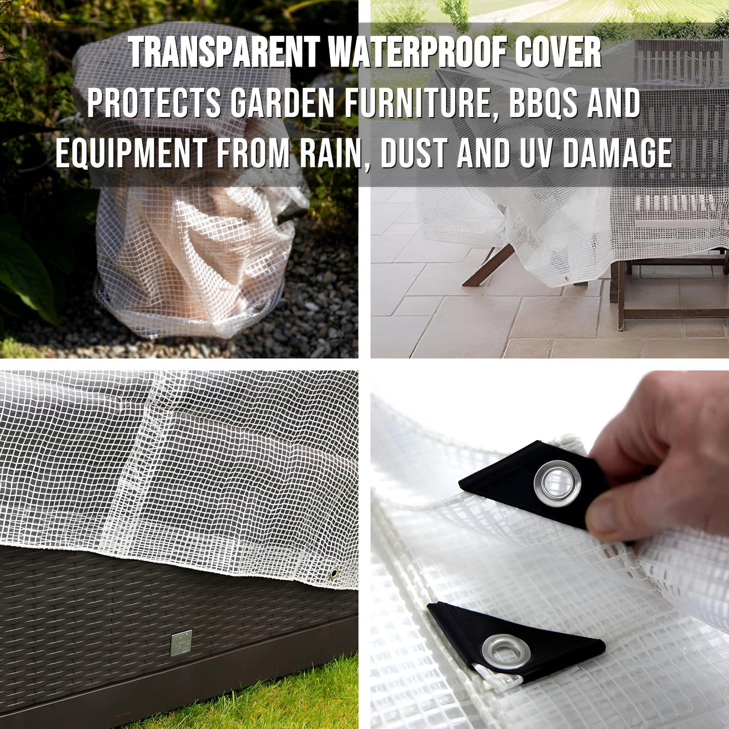 3m x 4m Clear Leno Tarpaulin - Heavy-Duty Waterproof 100 GSM Reinforced Transparent Tarp Sheet with Mesh Support, Rubber Strengthened Corners - UV‑Resistant Cover for Garden, Greenhouse, Groundsheet
