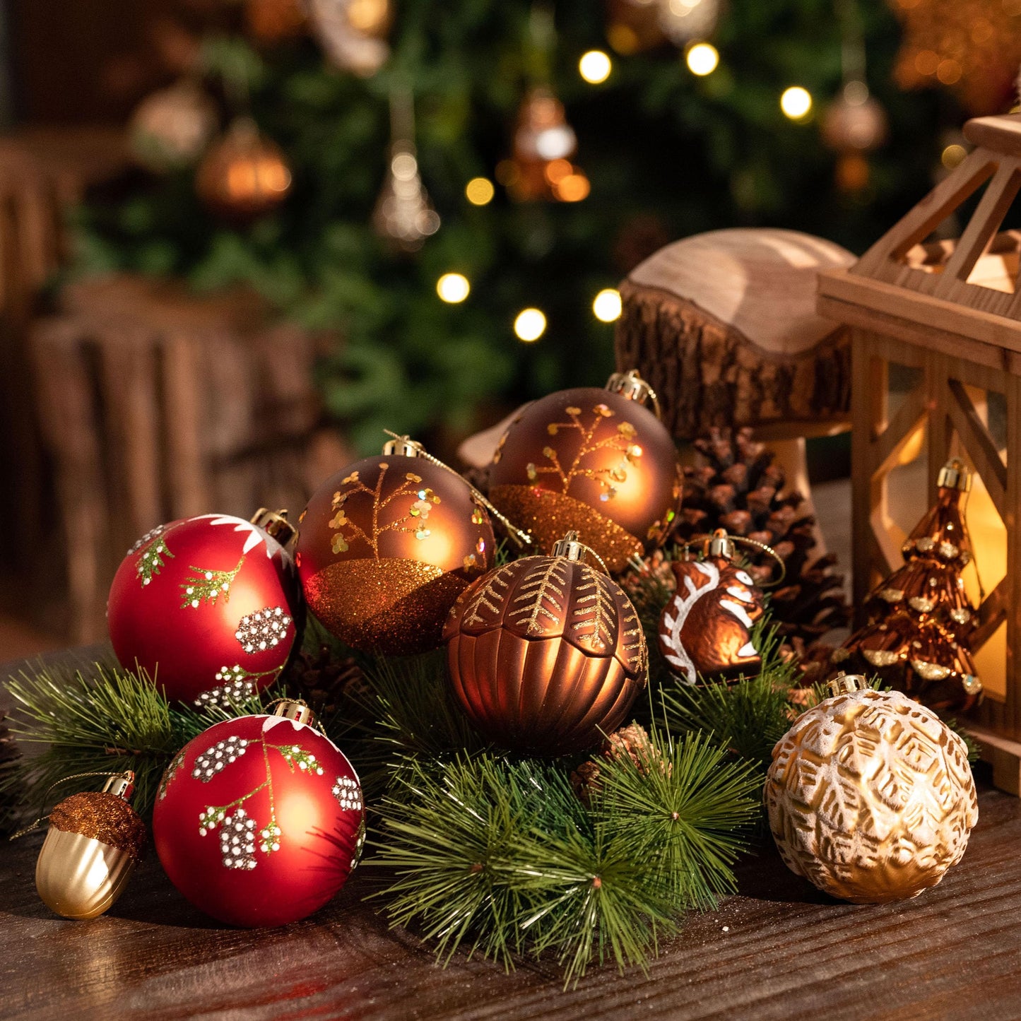 Valery Madelyn Christmas Ornaments Set, 60ct Red and Brown Shatterproof Christmas Tree Decorations, Woodland Hanging Ball Ornaments Bulk for Xmas Holiday Decor