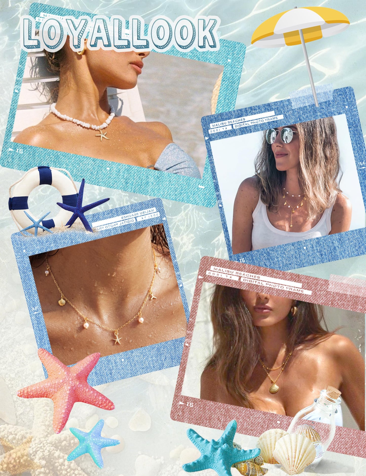 LOYALLOOK Shell Starfish Necklace for Women, 14k Gold Plated Dainty Layered SeaShell Conch Starfish Pearl Charm Necklace Stack, Non Tarnish Waterproof Gold Beach Accessories for Summer Vacation 2pcs