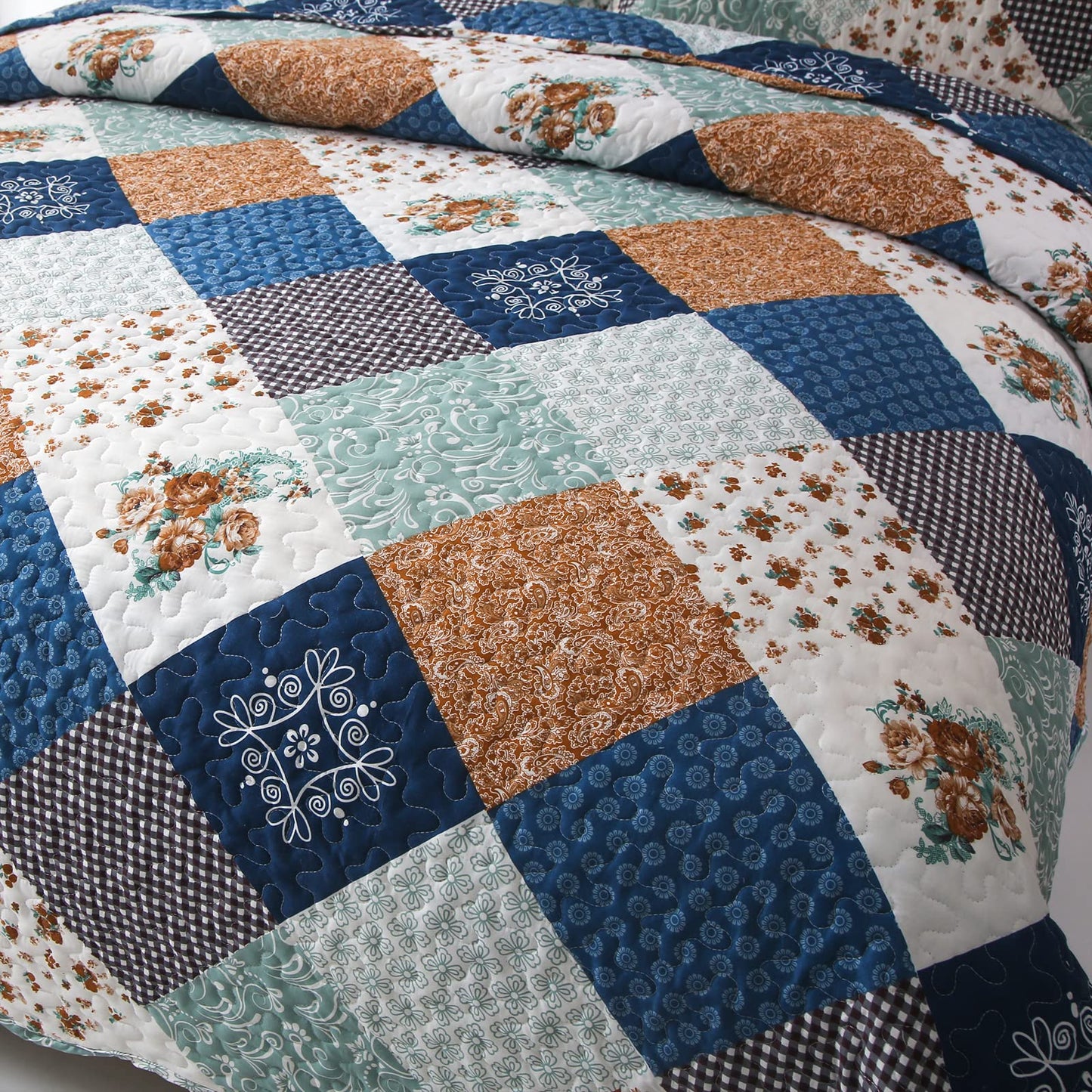 Dinjoy Reversible Patchwork Quilt Bedding Set Queen Size Blue Green Grey Plaid Floral Pattern Bedspread Set Soft Microfiber Coverlets Bed Set 3 Pieces Spring Summer All Season Use