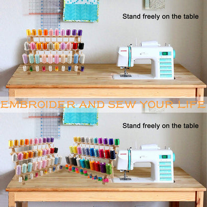 New brothread 2x60 Spools Wooden Thread Rack/Thread Holder Organizer with Hanging Hooks for Sewing, Quilting, Embroidery, Hair-braiding