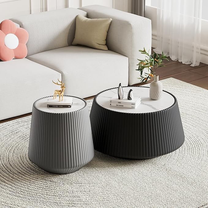 Modern Marble Nesting Coffee Table Set of 2, 26.77" Cup Shaped Coffee and End