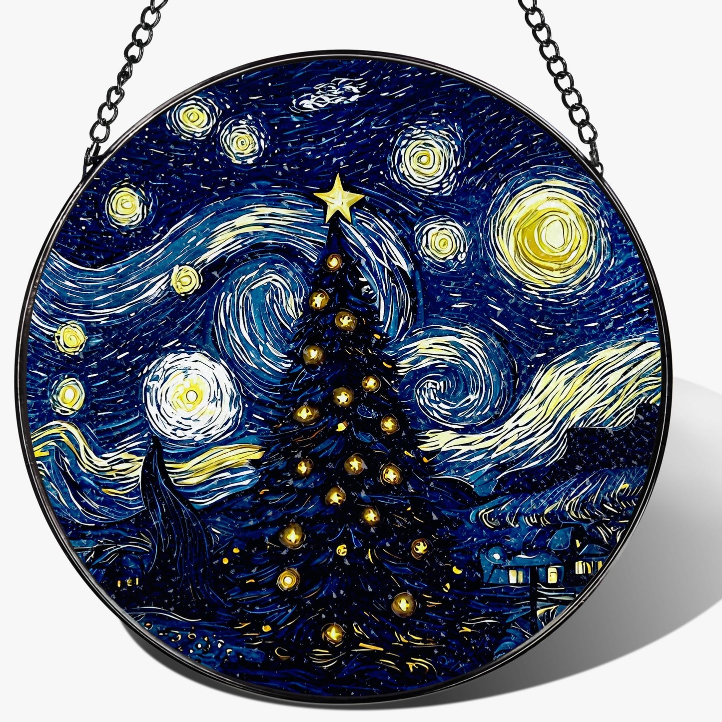 8-Inch Starry Night Christmas Tree Suncatcher Ornament, Stained Glass Window Hanging & Stained Glass Holiday Ornament, Sun Catcher Window Decor, Van Gogh’s Keepsake, Gifts for Christmas & Holidays