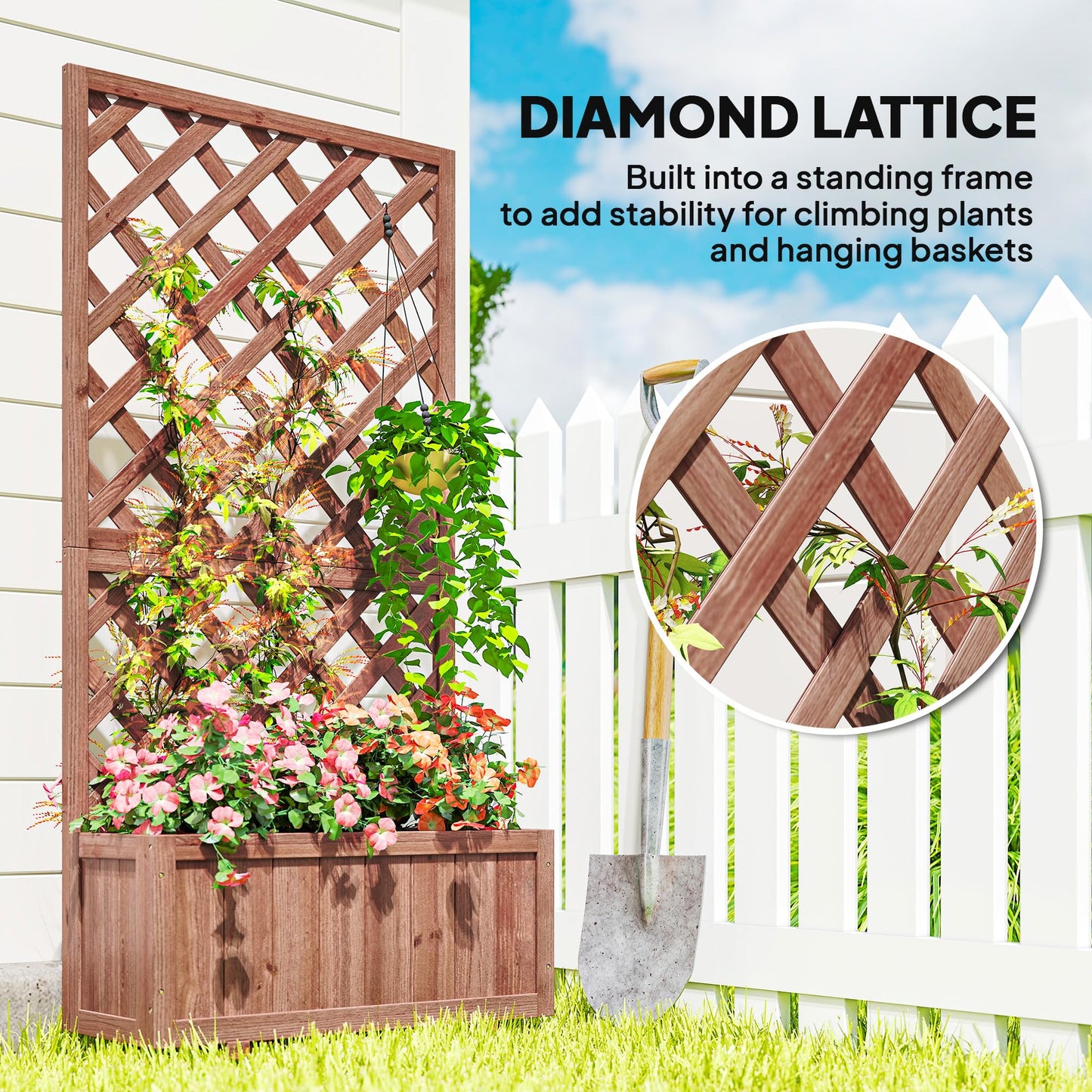 Outsunny Wooden Raised Garden Bed with Trellis, 59" Outdoor Planter Box with Drainage Holes, Planter Raised Bed for Climbing Vine Plants Flowers, Orange