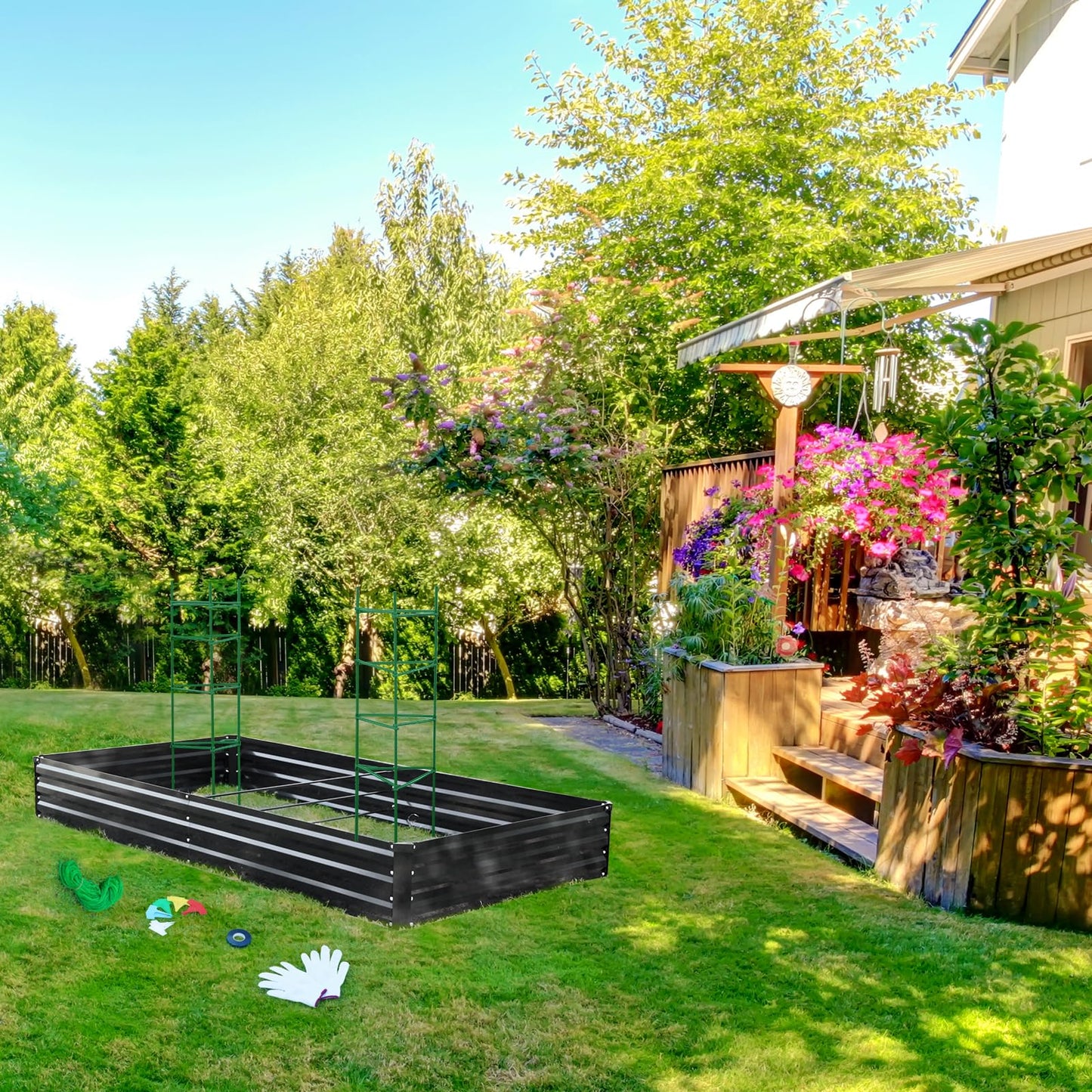 ONCEMORE Galvanized Raised Garden Bed for Vegetables Flowers Herbs, Metal Raised Garden Bed Kit with 2 PCS Tomato Cage, Gloves, Trellis Netting, Plant Labels, Plant Ties, Black 8×4×1FT