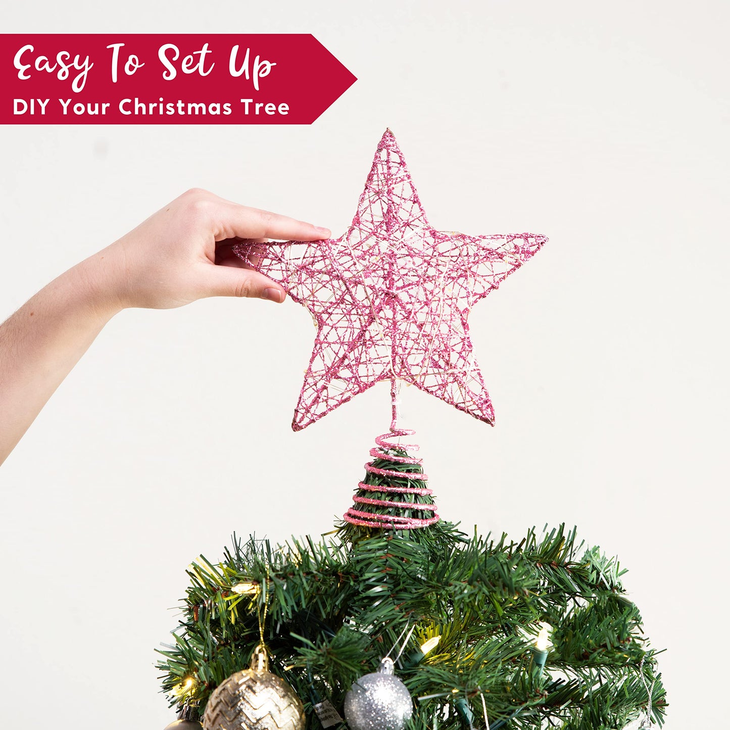 Joiedomi 8 inch Christmas Glitter Star Tree Toppers, Pink Star Lighted with 20 LED Warm White Lights for Xmas Decorations, Holiday Party Indoor Decor