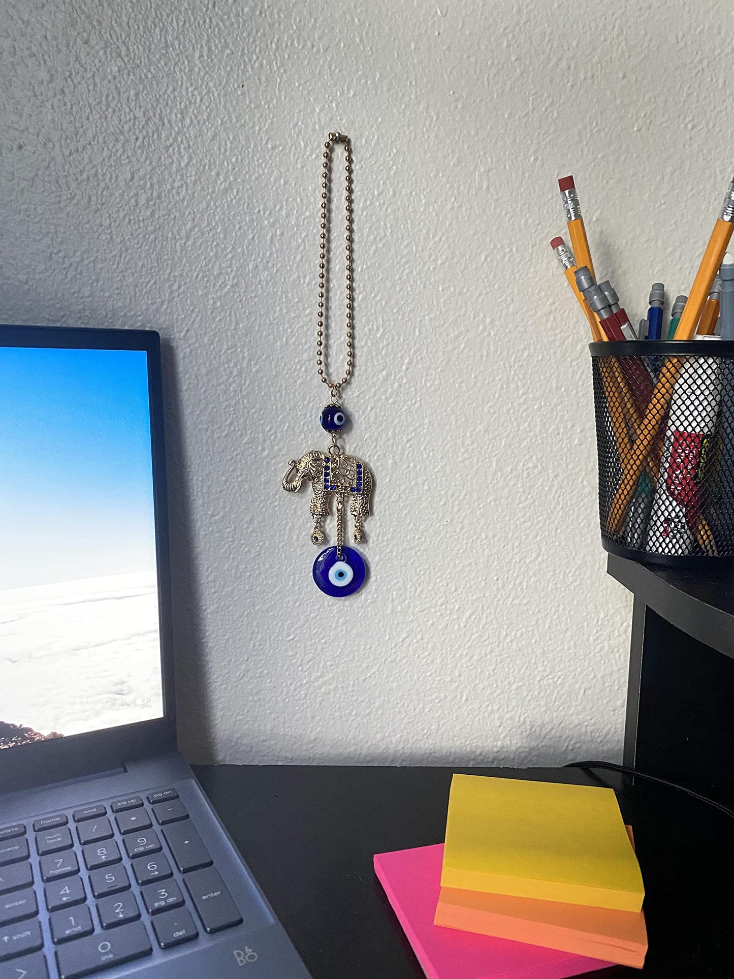 LUCKBOOSTIUM Gold Elephant with Evil Eye Beads in Blue, White & Black Resin w/Rhinestones in Ball Chain–Charms & Protective Car Hanging Ornament for Rear View Mirror, Keychain, Bag& Home/Office Decor