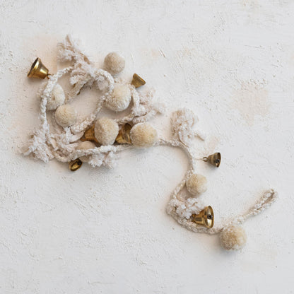 Creative Co-Op Handmade Wool and Cotton Blend Pom Pom and Bell Garland, Natural and Brass Finish