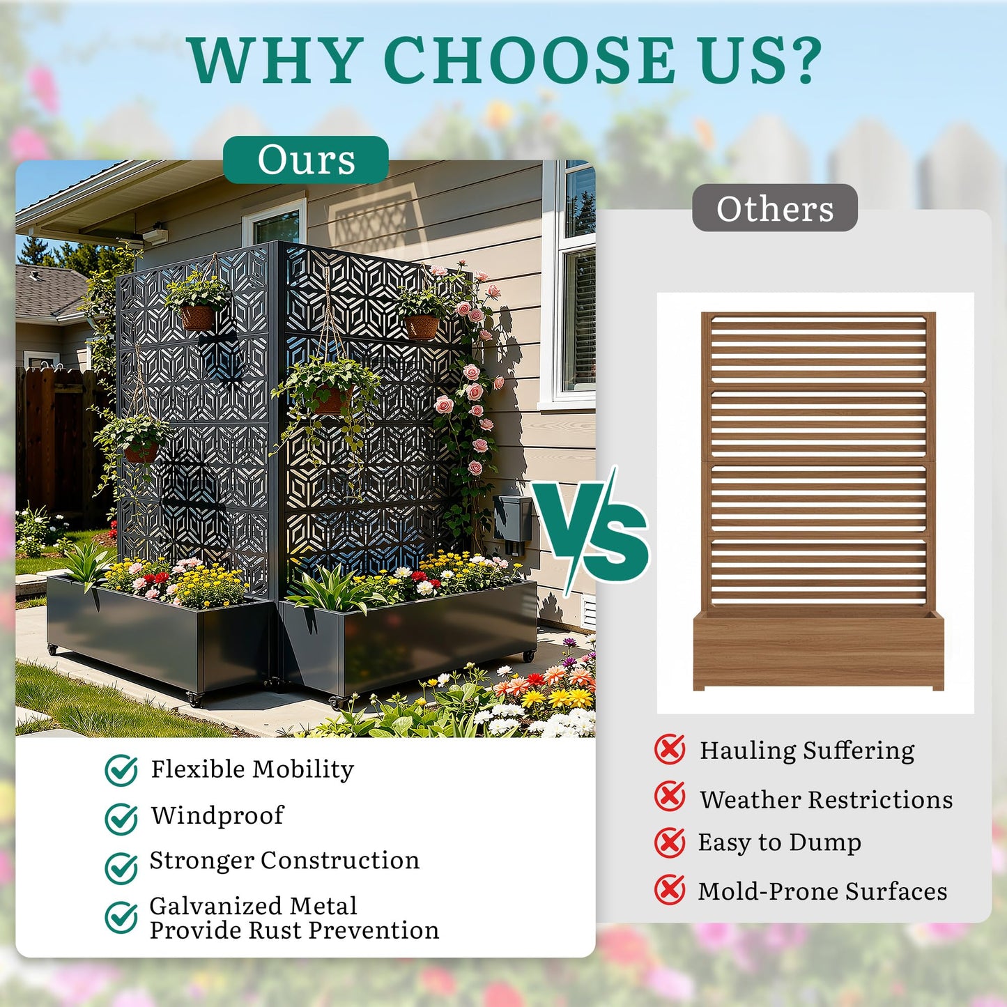 Ultym Metal Planter Box with Trellis 73"x47"x16", Galvanized Steel Raised Garden Bed with Privacy Screen, Lockable Casters, Planter with Drainage Holes for Outdoor Climbing Plants, Vegetables, Patio