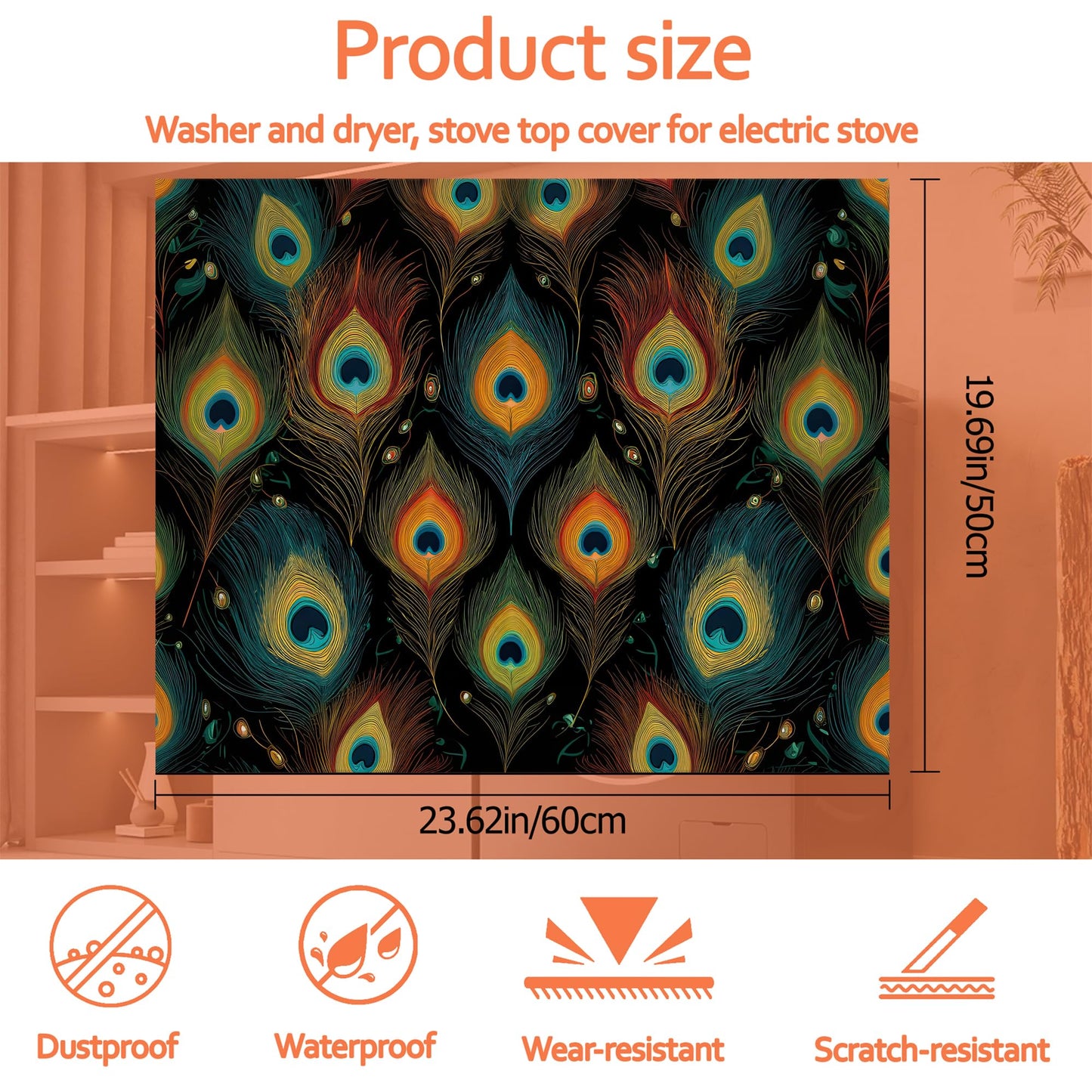 Green Peacock Feathers Washer and Dryer Covers for the Top, Non Slip Washing Machine Cover, Thickened & Dust Proof & Quick Drying Cover for Home Laundry Kitchen (23.6 x 19.7Inch)