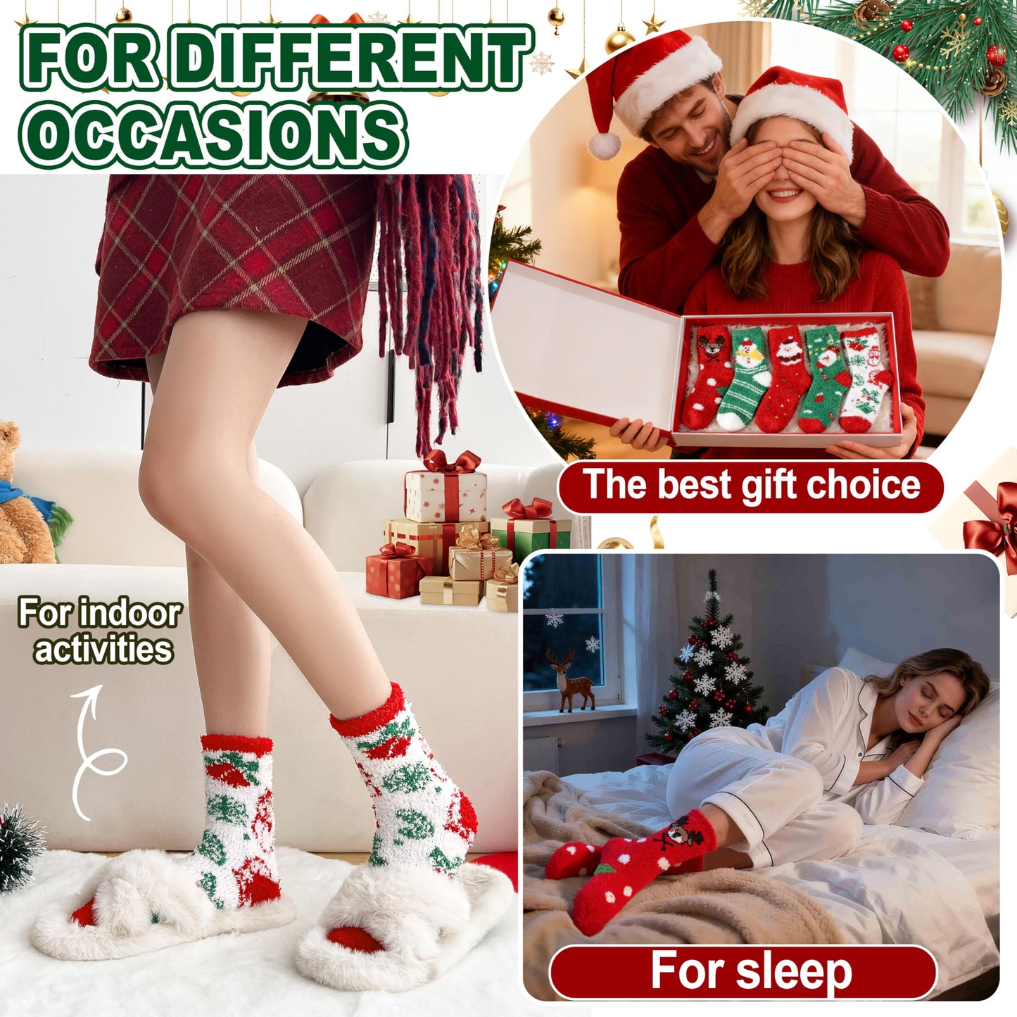 Sandsuced Fuzzy Christmas Socks for Women Fluffy Cozy Winter Warm Cute Fun Plush Comfy Fleece Sleep Christmas Gifts Cabin Socks Stocking Stuffers for Womens Mom 5 Pairs(Christmas Series,M)
