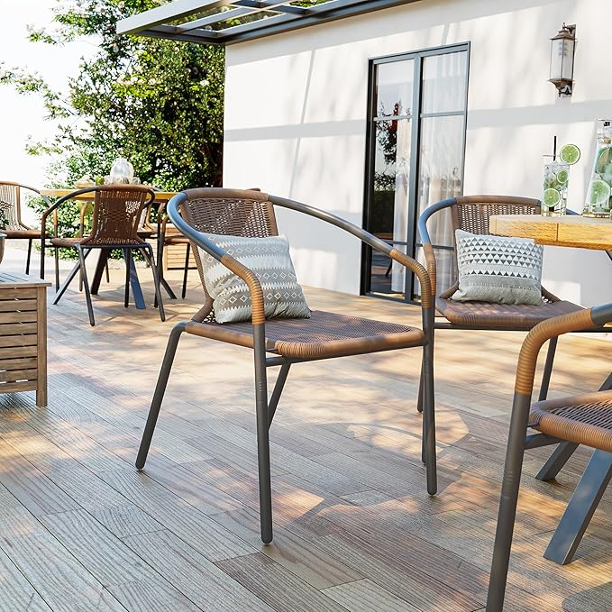 Amopatio Outdoor Dining Chairs Set of 4, Stackable Patio Chairs, Rattan Wicker Patio Dining Chairs Set of 4, Bistro, Deck, Yard, Porch, Brown