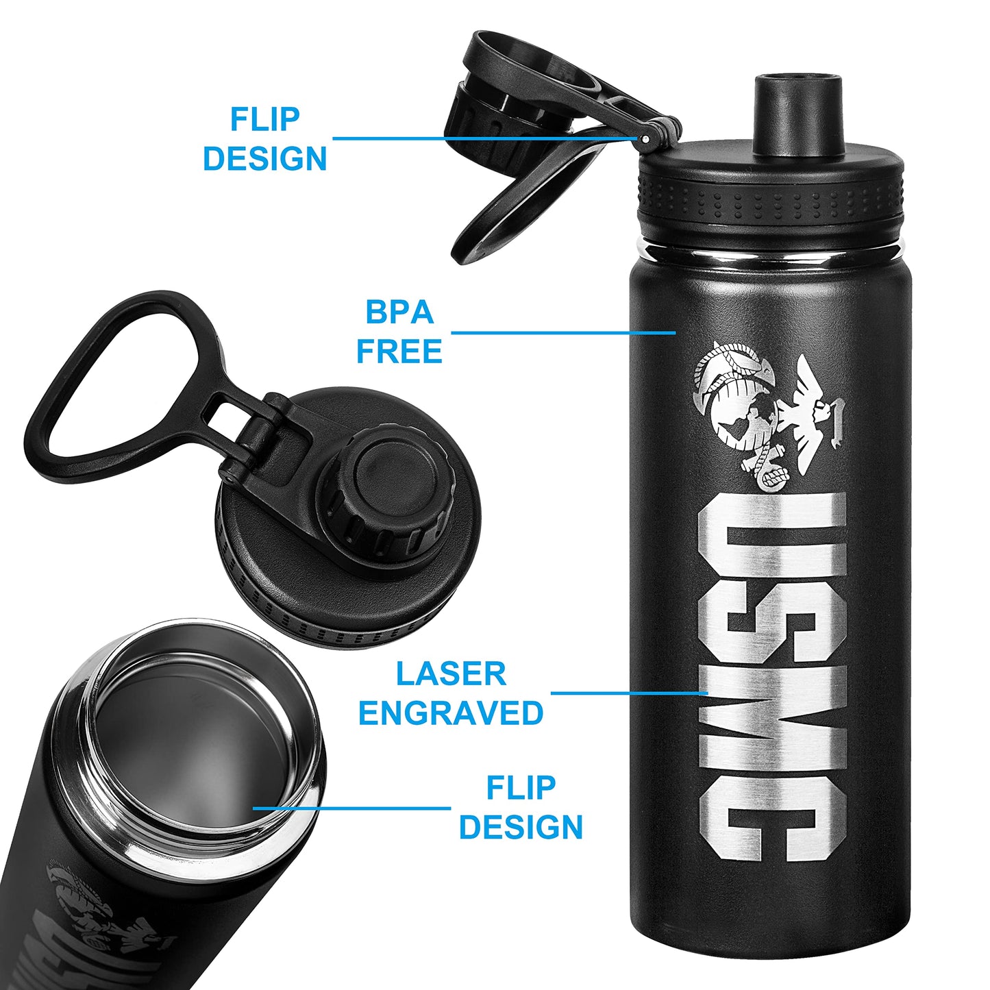 USMC 20oz Water Bottle | Marine Corps Double Wall Vacuum Insulated Stainless Steel | Disabled Vet Owned Business | USMC 20oz Water Bottle
