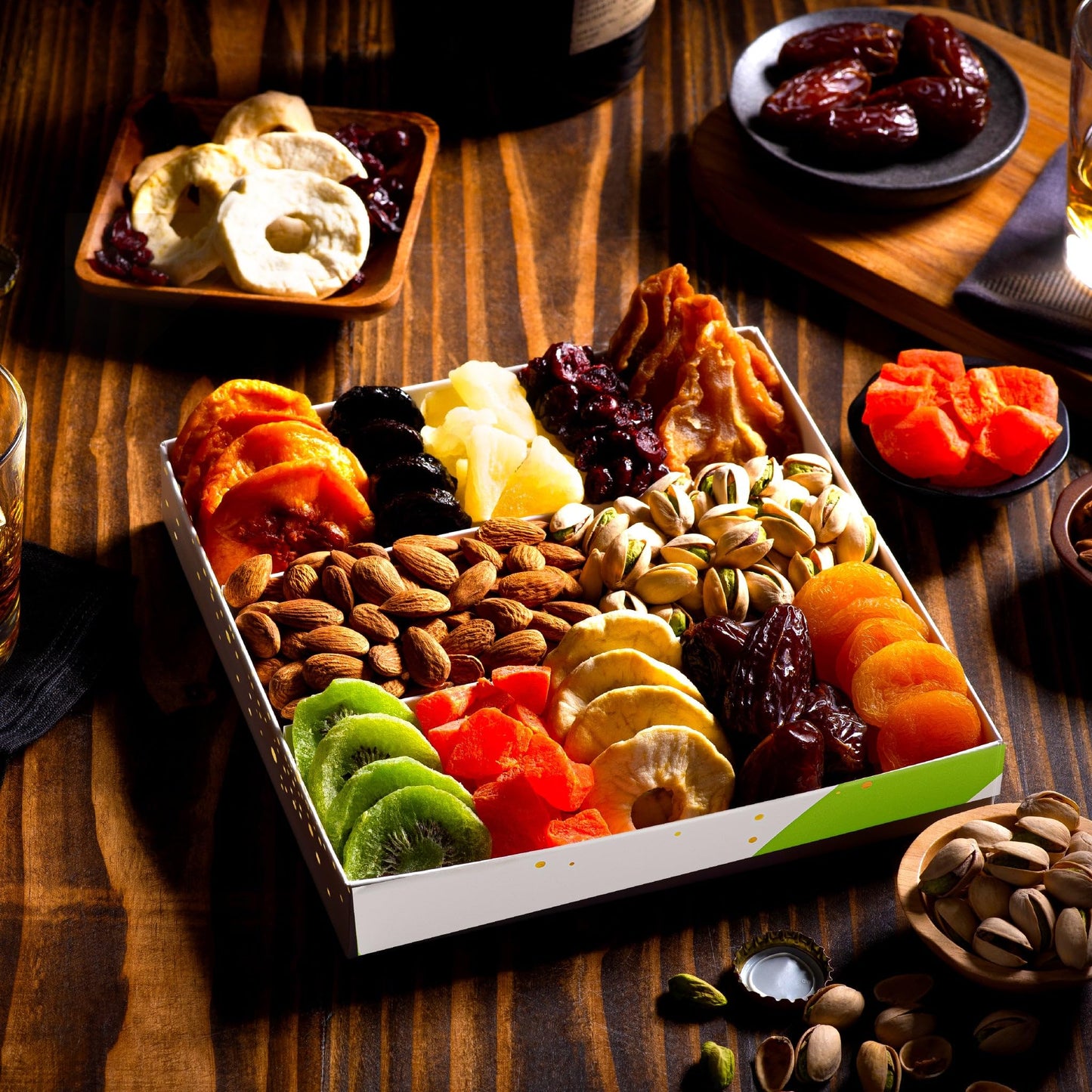 NUT CRAVINGS - Dried Fruit & Mixed Nuts Gift Basket in White Gold Box (12 Assortments) Food Arrangement, Healthy Snack Care Package,