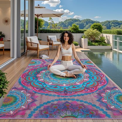 Arenarug Meditation Indoor Outdoor Rug 8x10 ft Mandala Pattern Rug Boho Style,Yoga Meditation Mat Picnic Rug for Patio Living Room Porch Garden Deck Backyard Easy to Clean Non Shedding Non-Slip