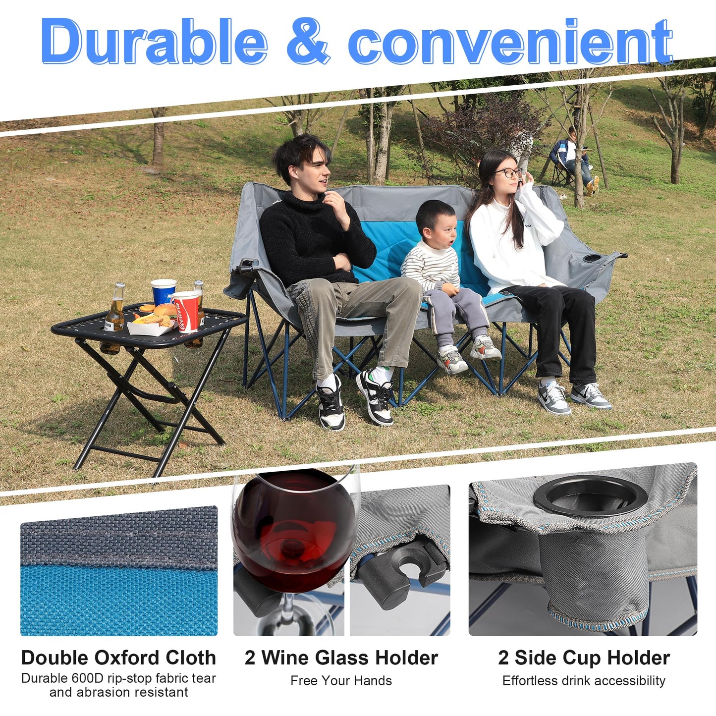 LANMOUNTAIN 3 Person Camping Chairs,Supports 900Lbs,Oversized Loveseat Camp Chair w/Cup Holder,Wine Glasses Holder,Heavy Duty Extra Large Outdoor Folding Sofa Perfect for Family Picnic,Parties,Garden