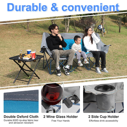 LANMOUNTAIN 3 Person Camping Chairs,Supports 900Lbs,Oversized Loveseat Camp Chair w/Cup Holder,Wine Glasses Holder,Heavy Duty Extra Large Outdoor Folding Sofa Perfect for Family Picnic,Parties,Garden