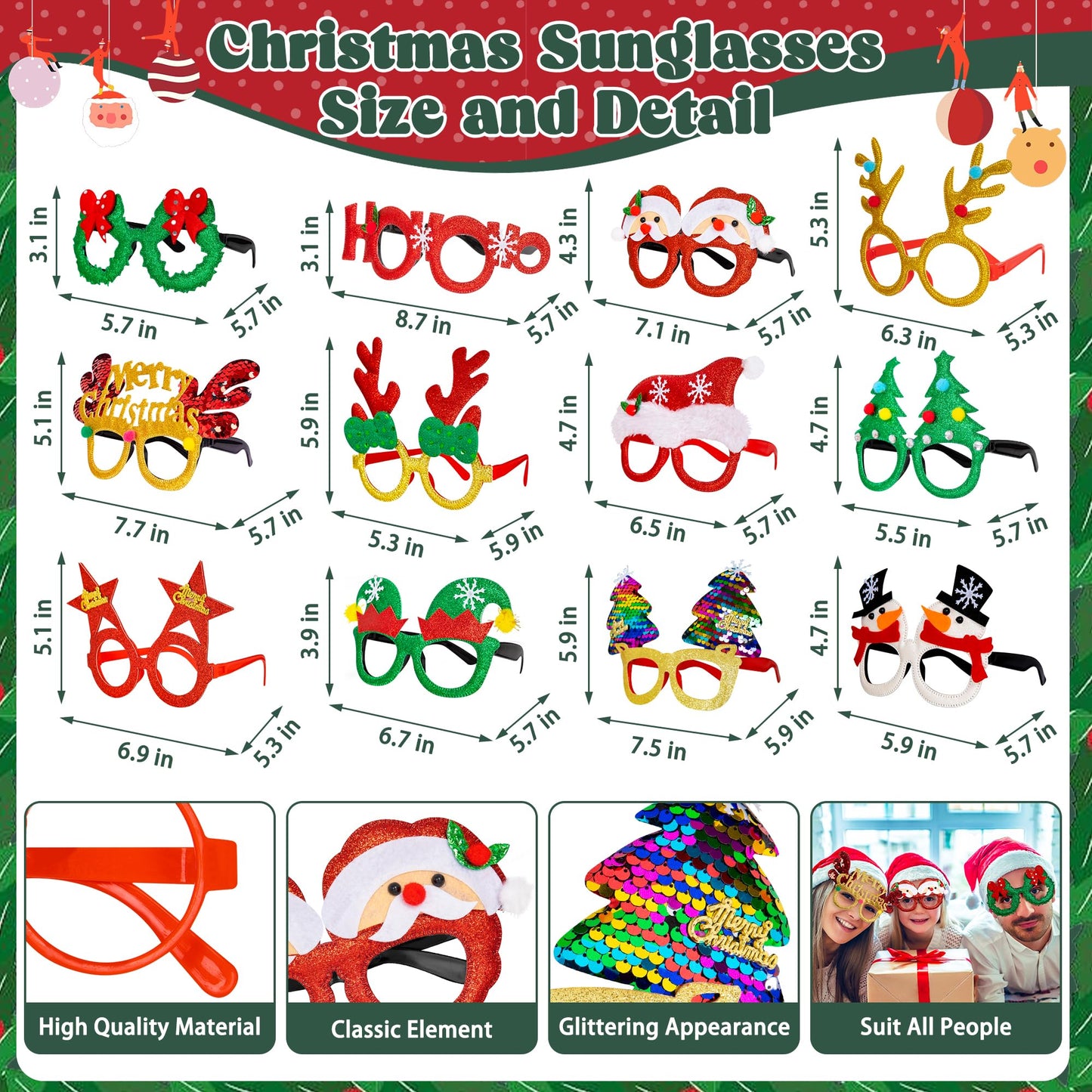 48 Pcs Christmas Glasses Frame and Headbands Set, Cute Christmas Head Boppers and Glasses with 24 Designs Santa Hat Leprechaun Snowman Reindeer Antler, Christmas Party Favors, Accessories, Supplies