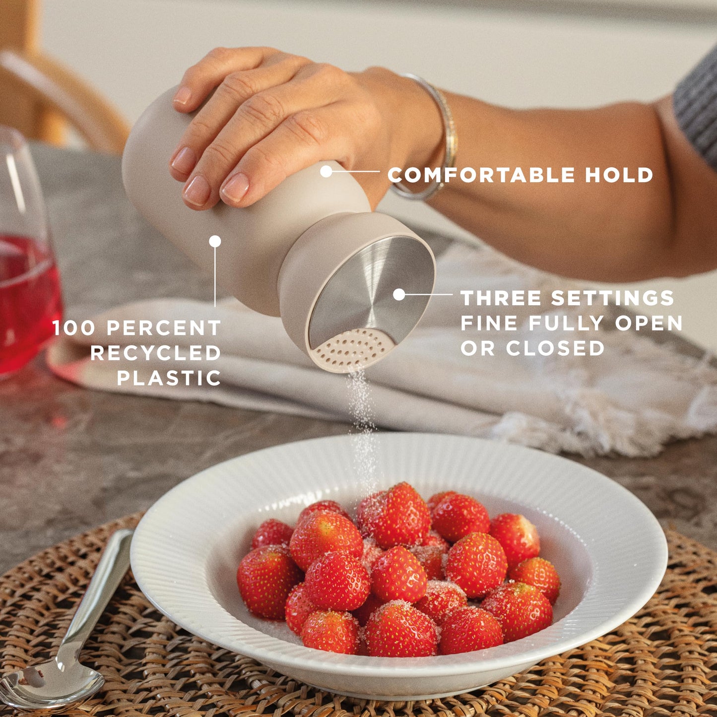Eva Solo Sapor Shaker, Stainless Steel and Recycled Plastic, Sand, 0.39 lb, Cylindrical, 3-Setting Twist Top, Sugar Salt Herb Dispenser