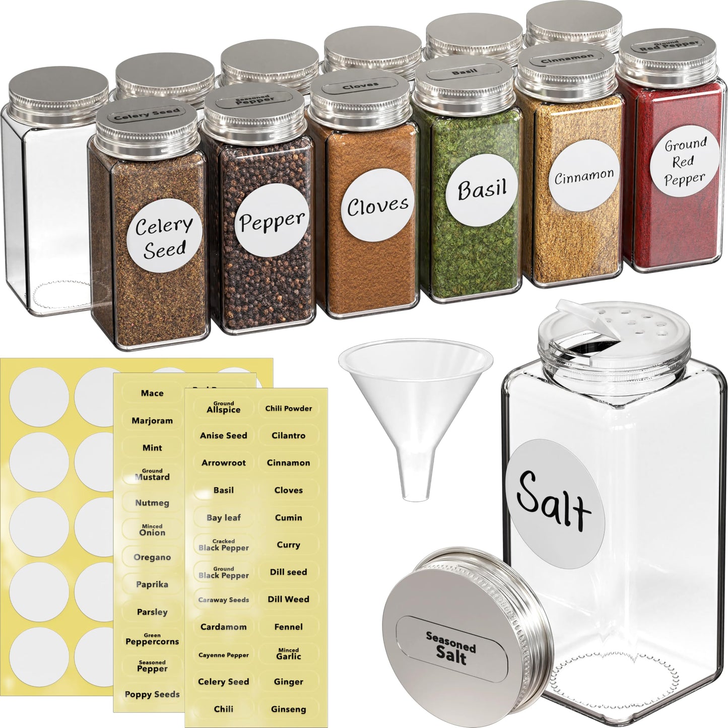 Simple Houseware Spice Jars 4 Ounce Square Glass Bottles with Shaker Lids, Funnel and Labels for Seasoning & Storage, 12 Pack