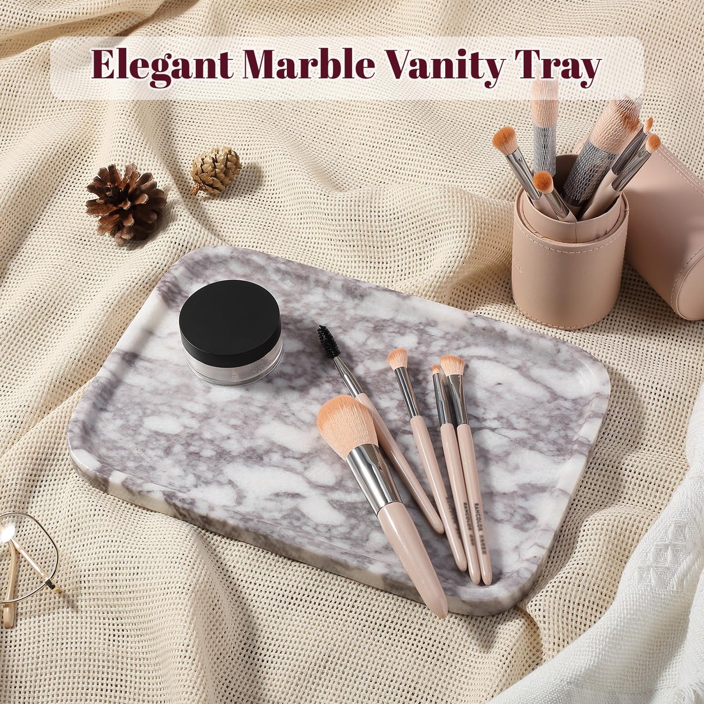 Karibiber Luxury Marble Vanity Tray, Bathroom Tray Countertop, Calacatta Marble/Stone, Home Decorative Dresser Organizer, Storage for Kitchen Sink, Perfume Jewelry Holder(Purple&White)