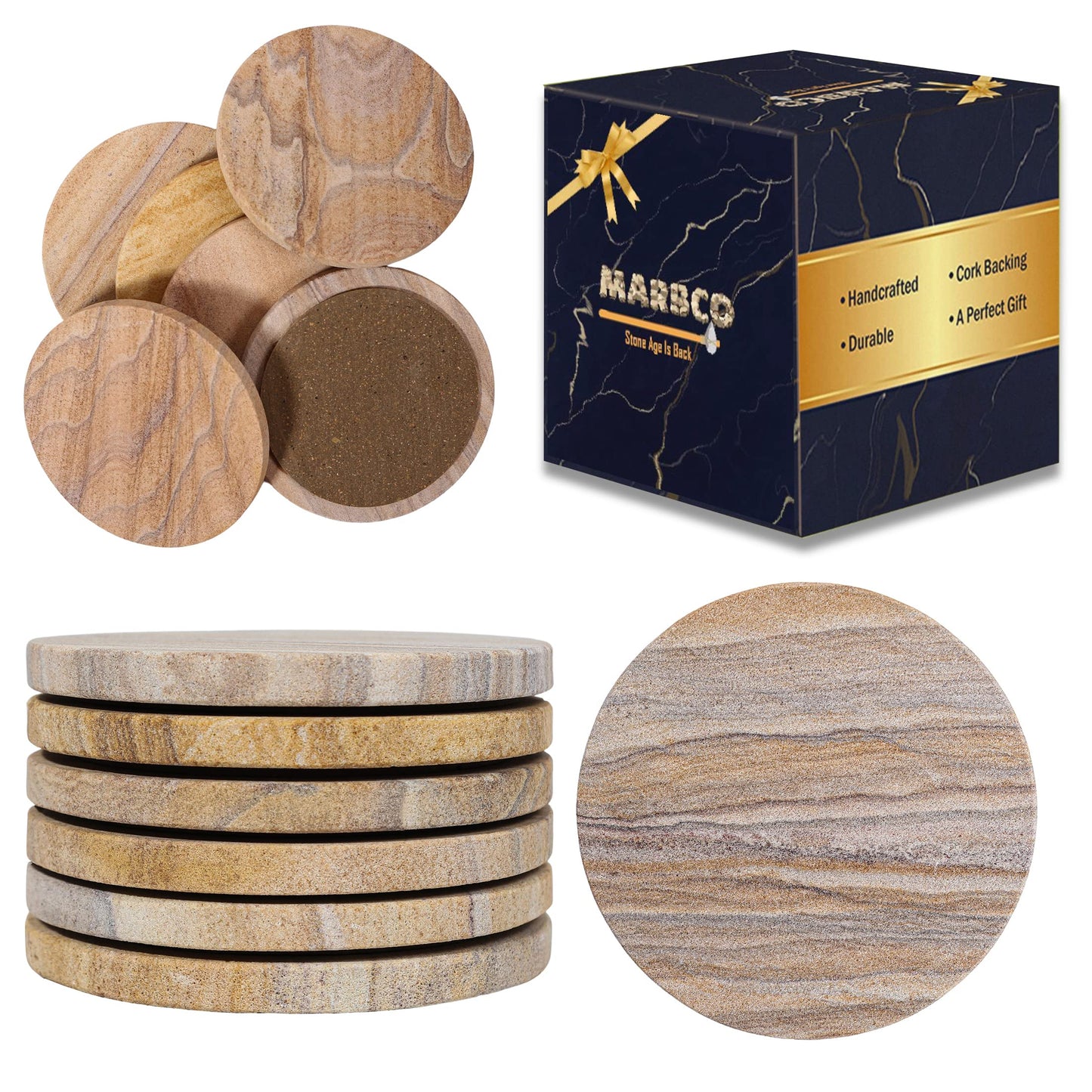 Marbco Sandstone Water Absorbent Hand Crafted Round Coasters for Drinks - 4 Inches Wide Thirsty Stone Bar/Drink Coasters- Made from Rainbow Sandstone (Set of 6 Without Holder)