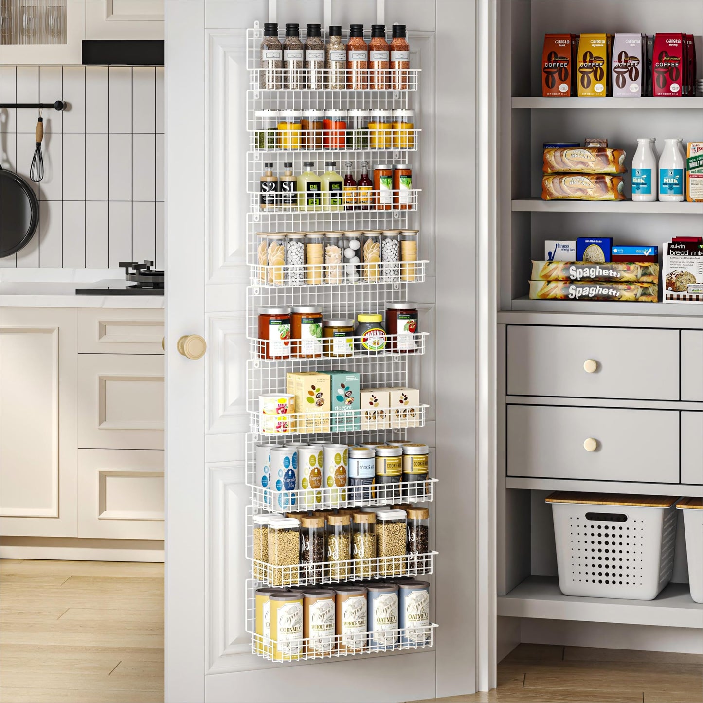JKsmart 6-Tier Spice Rack Organizer with Door Hook, Wall Mounted & Over the Door Spice Racks for Kitchen Pantry Door Cabinet, Two Size, Large Capacity, Black