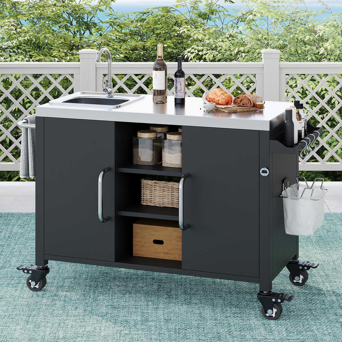 Merax 55.5" Outdoor Kitchen Island, Metal Grill Cart Table with 304 Stainless Steel Sink, Outdoor Bar Cart Sink Station with 4 Lockable Wheels for Pizza Prep & BBQ, Black