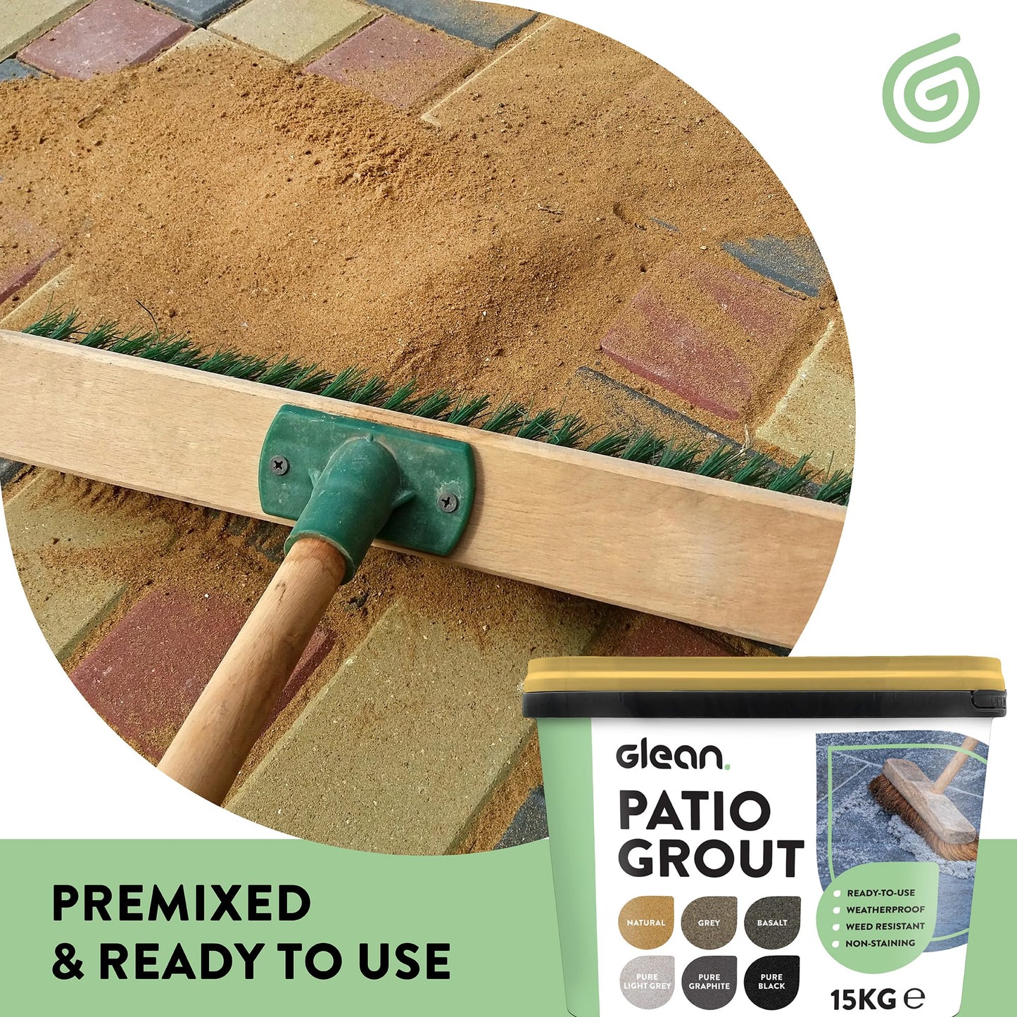 GLEAN Patio Grout | NATURAL | 15kg - 20m² Coverage | Jointing Compound | Brush In Patio Grout For Paving Patios & Block Paving | Self Setting All Weather Application | Ready Mixed
