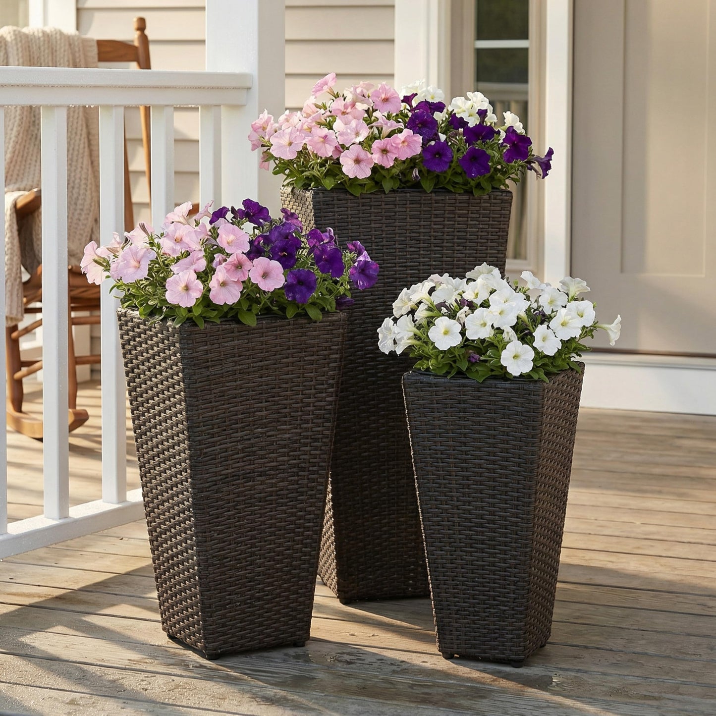 Sunnydaze Square Tall Wicker Outdoor Planter Set of 3 - Polyrattan Large Outdoor Planters for Porch, Patio or Garden - 9", 11.5", 14.75" Tall Plant Pots - Brown