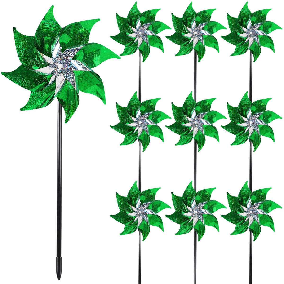 Hausse 10 Pack Reflective Pinwheels Holiday Decor (Assembly Required), Sparkly Wind Sculptures for St. Patrick's Day Decorations Party Supplies, Scare Birds Away from Garden Yard Patio Farm, Green