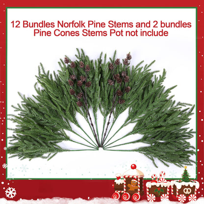 HyeFlora 14 PCS Christmas Norfolk Pine Stems with Small Pine Cones Branches, 19 In Real Touch Artificial DIY Greenery Pine Needles Picks,Xmas Faux Cedar Pine Branche for Vase Indoor Outdoor Home Décor