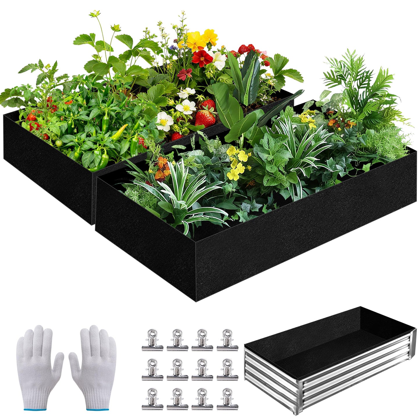 Mizelu 2 Sets 4 x 2 x 1 ft Raised Garden Bed Liner Bag, Breathable Grow Bed Fabric Liners with Clips and Gloves, Garden Box Non Woven Bag for Outdoor Plants Growth Keep Soil Isolation (No Garden Bed)