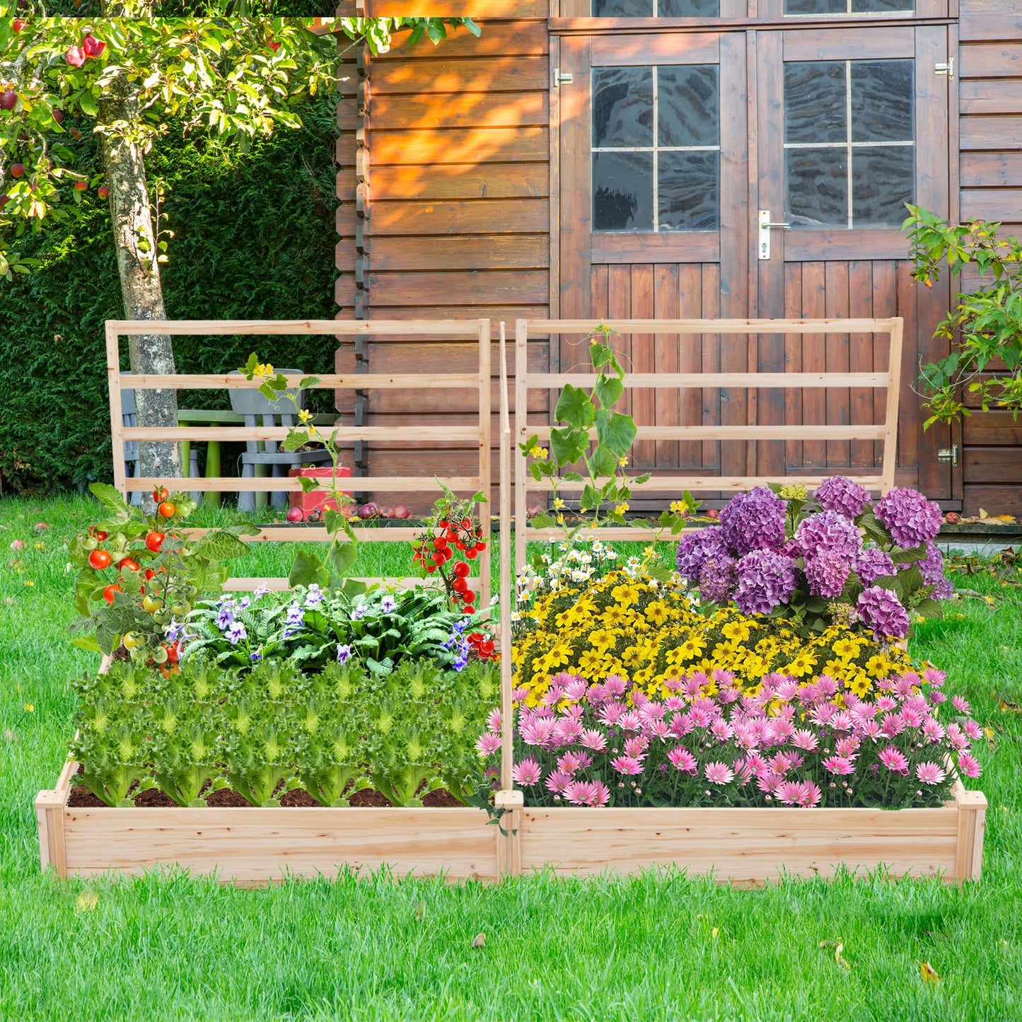 Giantex Raised Garden Bed with 3 Trellises, 88"L x 45"W x 43"H, Set of 2 Wood Planter Box for Vegetables Flowers Herbs Fruits Climbing Plants Cucumber, Easy Assembly, Outdoor Rectangular Raised Beds