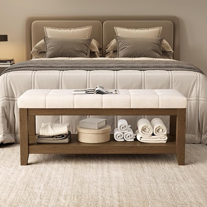 ABHENG Solid Rubber Wood Shoe Bench, Soft Chenille Material Upholstered Seat
