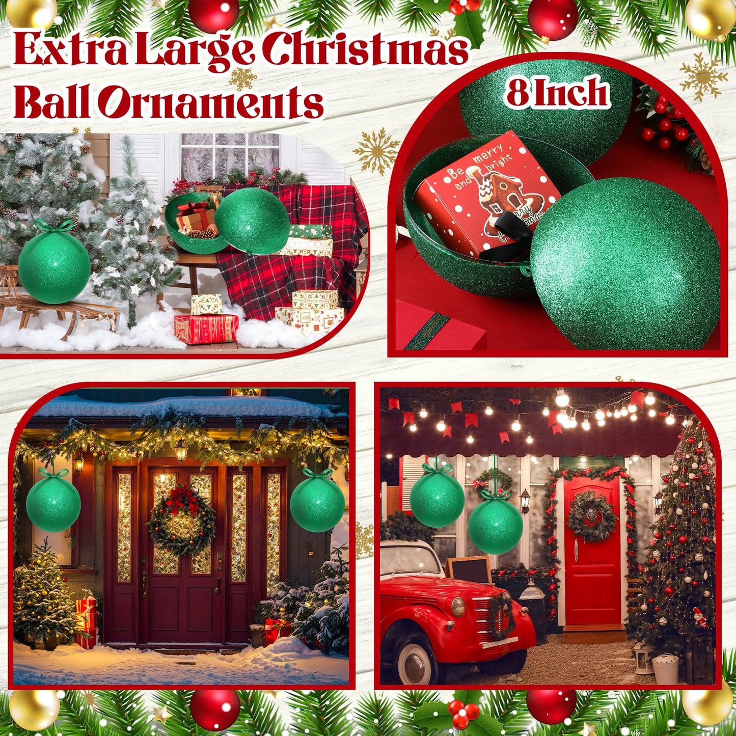 Zubebe 2 Pcs 8" Giant Fillable Christmas Ornaments with Ribbons Oversized Plastic Xmas Balls for Outdoor Lawn Yard Decor, Tree Hanging, Holiday Gifts(Glitter Green)