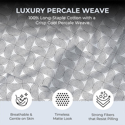 Mayil Manor Queen Size Fitted Sheet with 18" Deep Pockets, No Flat - Percale Weave Natural - Breathable 100% Cotton Printed Bedding, 1 Fitted Sheet + 2 Pillowcases - Semi Circle Print