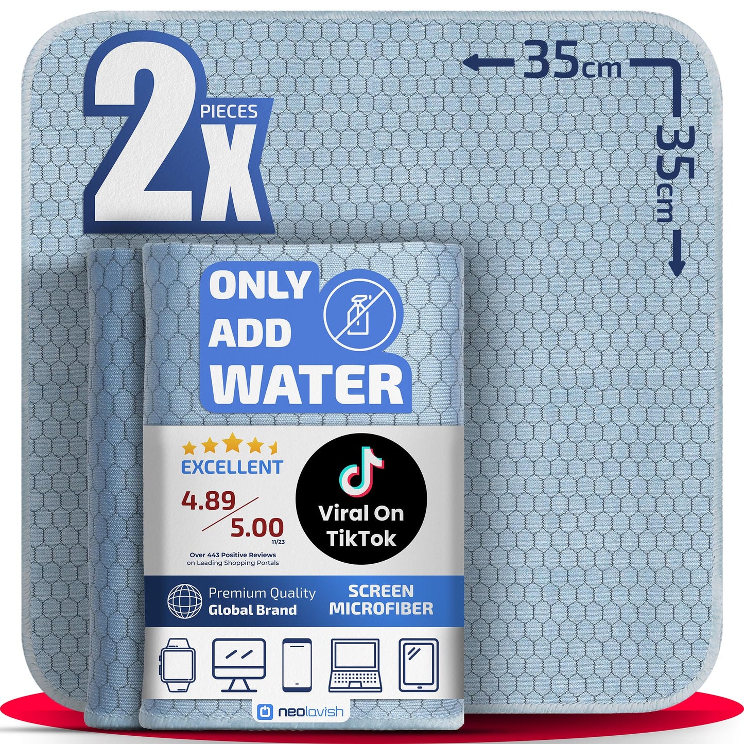 NeoLavish® - Screen Cleaner - Just Add Water - 2 Pack 35x35 cm - Microfibre Cleaning Kit for LCD, LED, OLED TV, Laptop, Phone, iPad, Monitor, and All Devices - Lint-Free, Streak-Free Cloths, Reusable
