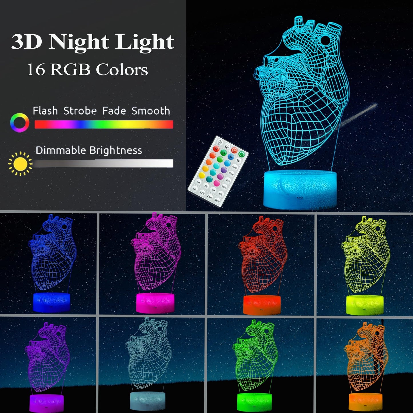 POSSHE Heart Anatomy Illusion Lamp, Cardiology Gifts, 3D Night Light, 16 Colors Changing, Timer, 4 Flash Modes and Dimmable, Kids Room Decoration, Xmas Heart Model Gifts