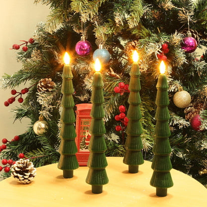 LiuSuper 4 Pack Christmas Tree LED Candles with Remote, Real Wax Flameless Taper Candles with 3D Flickering Flame, Lights Xmas Candlesticks for Christmas Home Party Decor (4 Pack Tower-Shaped)