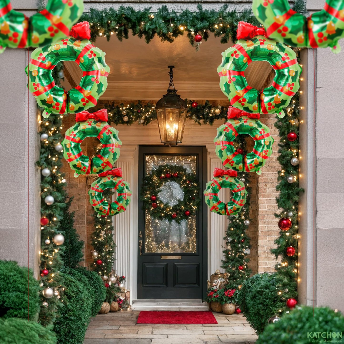 KatchOn, Large Christmas Wreath Foil Balloons – Pack of 8 | Christmas Decorations Indoor | Green Foil Balloons with Red Bow for Holiday Celebrations, Family Gatherings | Indoor Outdoor Festive Décor
