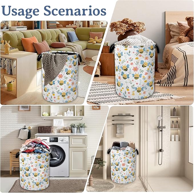 Cute Bee Laundry Basket, Foldable Oxford Cloth Pink Flowers Laundry Hamper