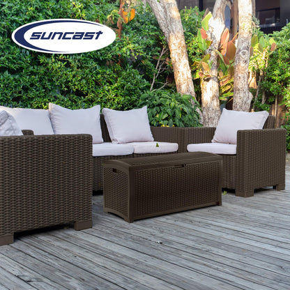 Suncast 73-Gallon Medium Deck Box - Lightweight Resin Indoor/Outdoor Storage Container and Seat for Patio Cushions and Gardening Tools - Store Items on Garage, Yard - Mocha Brown