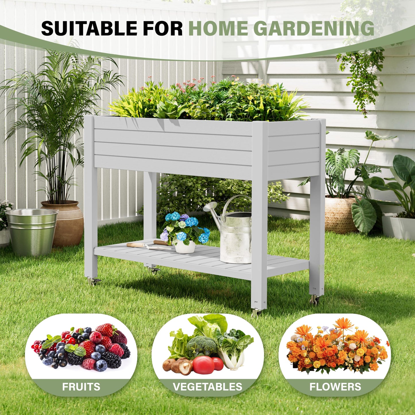 WTFGO Raised Garden Bed with Wheels, Divisible Resin Planter Box with Drainage Gauge & Storage Shelf, Herb Planter for Garden Patio Backyard, Ashen (33.7" h)