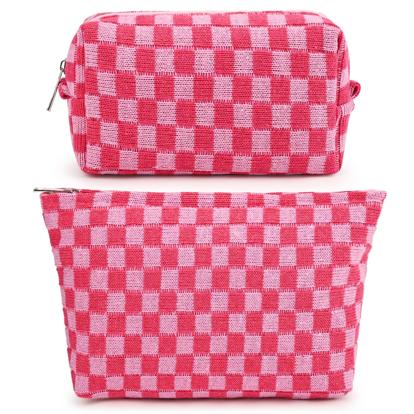 SOIDRAM 2 Pieces Makeup Bag Large Checkered Cosmetic Bag Capacity Canvas Mix Travel Toiletry Bag Organizer Cute Makeup Brushes Aesthetic Accessories Storage Bag for Women, Checkered Mix Rose Red