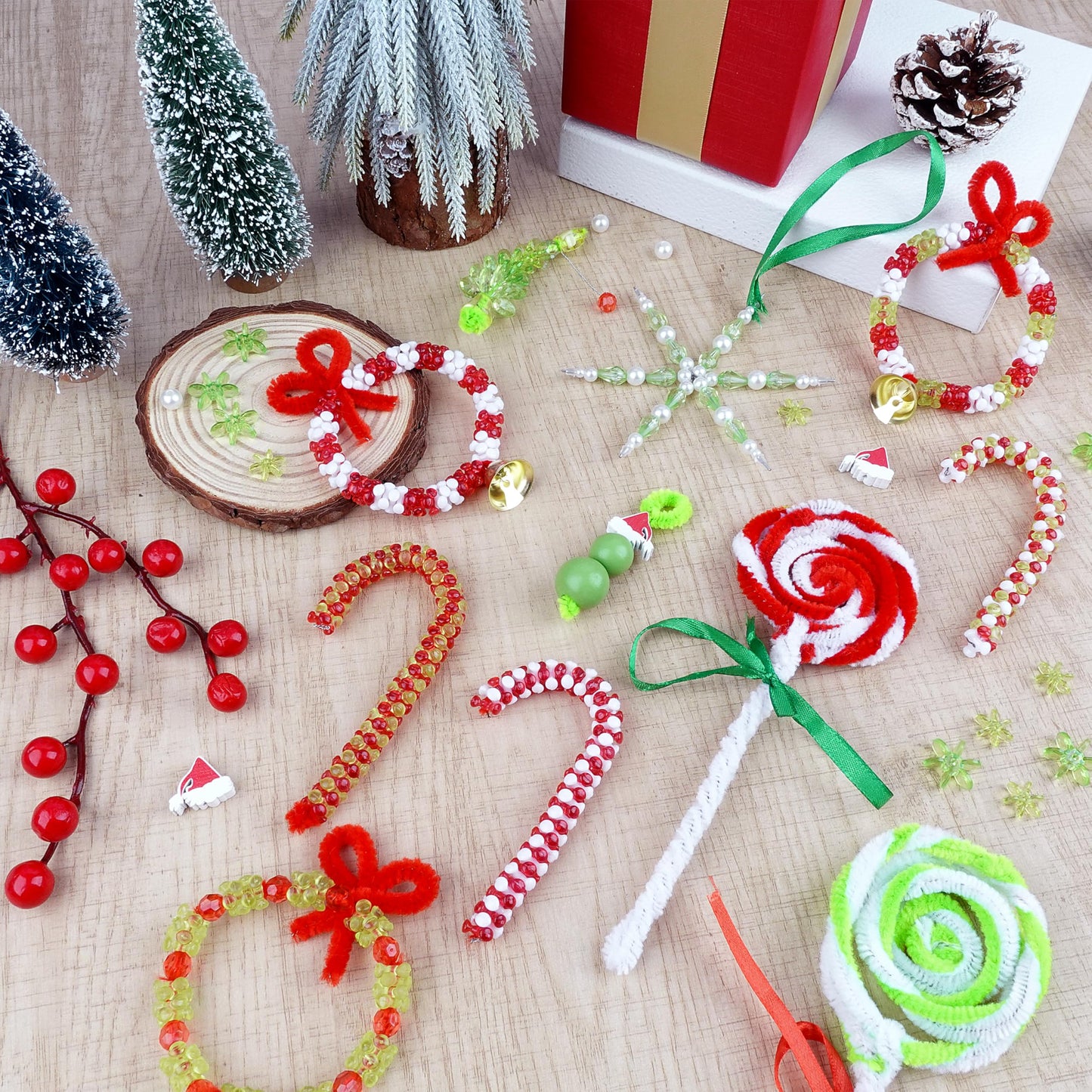 72 PCS Christmas Crafts DIY Beaded Ornaments Kits for Adults with 6 Styles - Green Monster, Tree, Wreath, Candy Cane, Lollipop, Snowflake for Winter Holiday Christmas Tree Decor