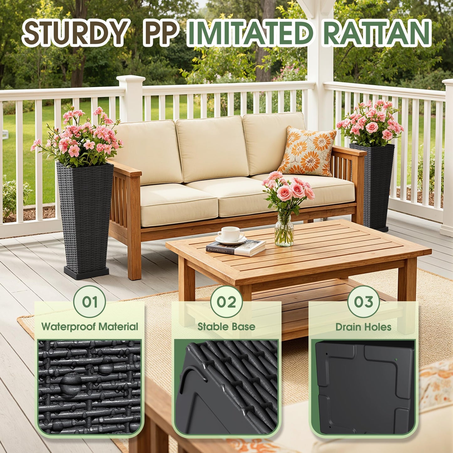 Acurax Set of 2 24 Inch Tall Plastic Planters with Drainage Saucers, Rattan Pattern UV Resistant Indoor Outdoor Flower Pots for Patio Garden Balcony Decor, Black