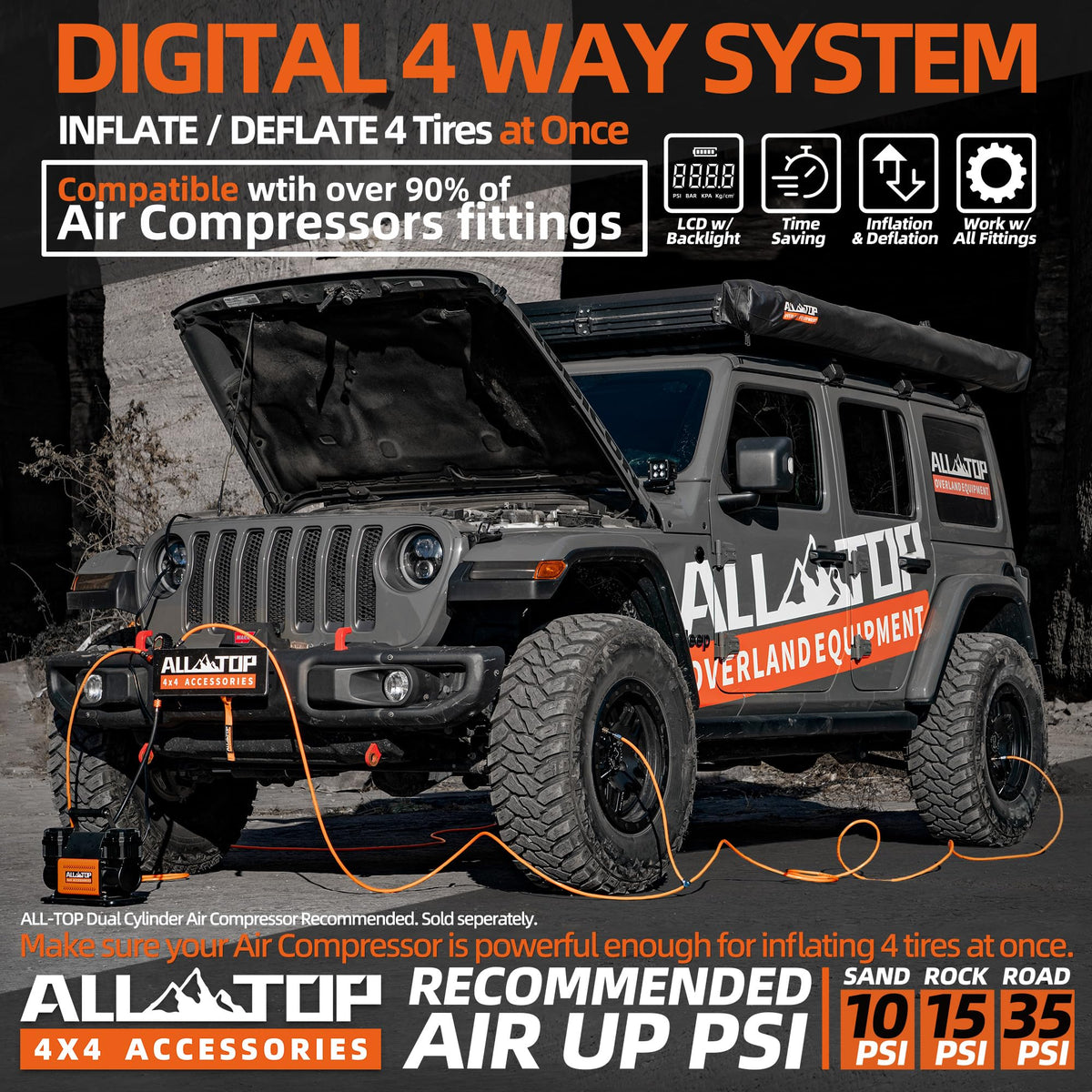 ALL-TOP 4 Tire Inflation & Deflation System, Up to 200" Wheelbase, Rapid High-Flow Air Up Down Kit w/Digital Pressure Gauge & Worry-Free Quick Fitting Package
